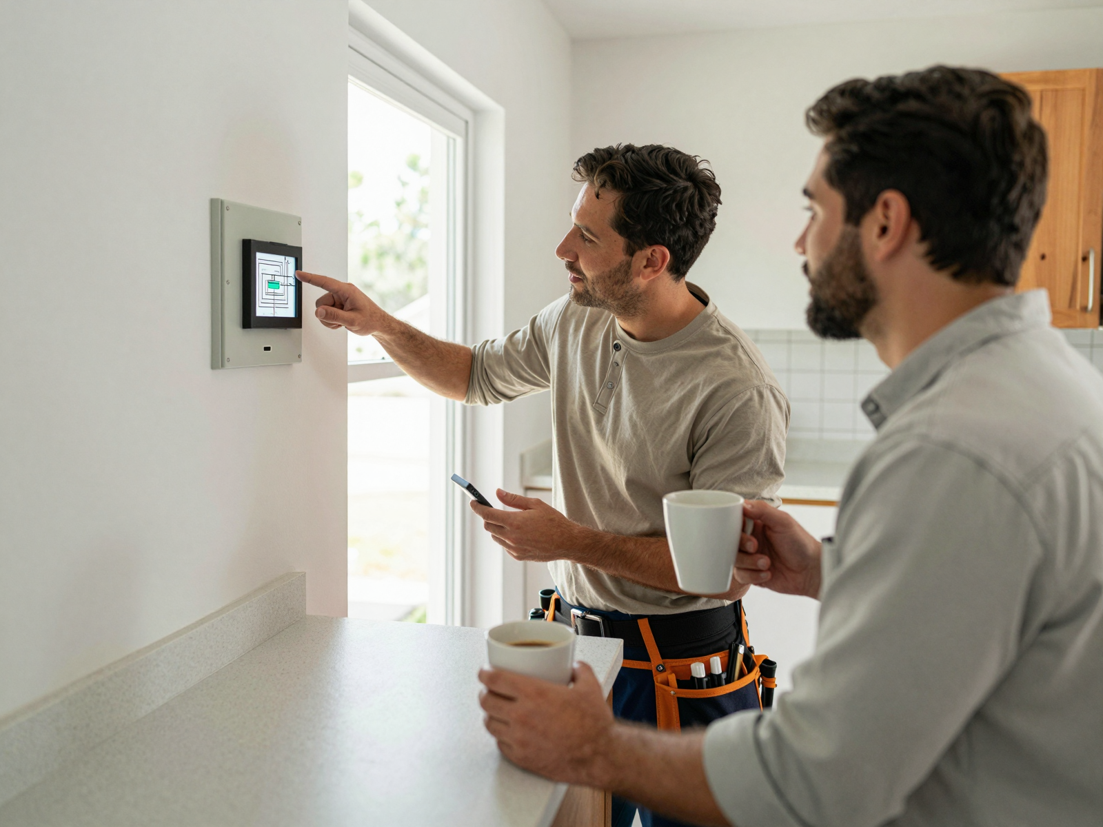 Electrician consulting with homeowner on electrical panel upgrades